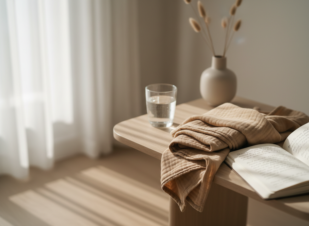 A neatly folded, soft organic cotton baby blanket in a muted sand color rests on a light wooden side table beside a glass of water and an open, linen-bound journal filled with handwritten notes about birth preferences. The scene is set in a calm, uncluttered room with a neutral palette, featuring a simple vase of dried grasses in the background. Gentle morning daylight filters through sheer white curtains, casting soft, elongated shadows and a warm, reassuring glow. Photographic realism at eye level, with a shallow depth of field that keeps the blanket and journal in crisp focus while the background fades into a soothing blur, conveying professional, empathic support and quiet preparation for birth.