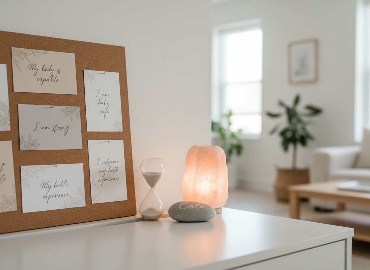 A close-up, photographic realism shot of a minimalist birth affirmation corner on a white desk: a corkboard with neatly pinned, beautifully printed affirmation cards in soft neutral tones, a small hourglass half-filled with fine sand, a smooth polished stone engraved with the word “Calm,” and a softly glowing salt lamp. The background shows a blurred hint of a tidy, modern home interior with natural wood and white walls. Gentle late-afternoon natural light mingles with the warm amber glow of the lamp, creating layered, comforting lighting and subtle shadows. Framed using the rule of thirds with a shallow depth of field, the mood is grounded, hopeful, and quietly confident, perfect for illustrating emotional preparation for birth.