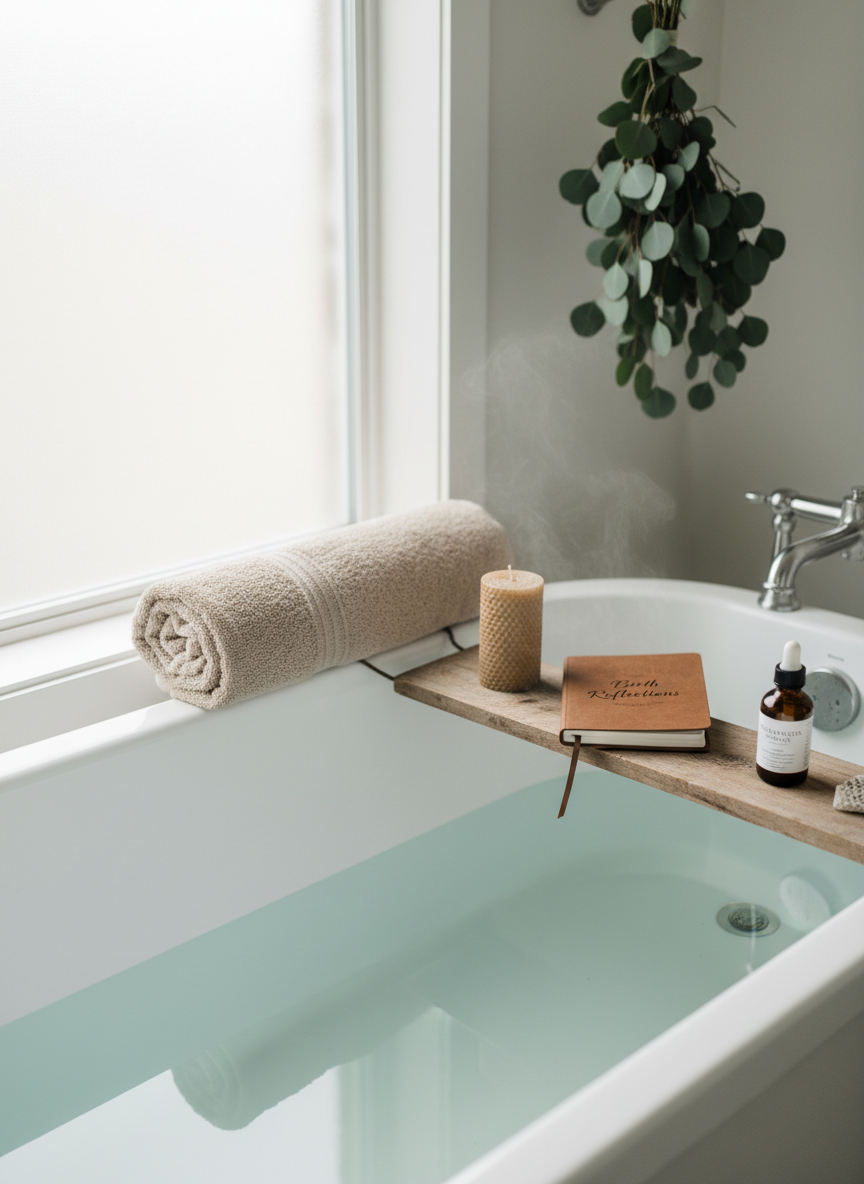 A bright, clean bathroom space arranged for a relaxing, doula-guided late pregnancy bath: a pristine white bathtub filled with clear water, its edge lined with a rolled beige towel, an unlit beeswax candle, a small wooden tray holding a notebook titled “Birth Reflections,” and a small bottle of bath oil. Eucalyptus branches hang from the showerhead in the background, slightly out of focus. Natural daylight enters from a nearby frosted window, casting soft, diffused light that gently illuminates the steam rising from the water. Photographic realism from a slightly elevated angle with balanced, uncluttered composition creates a soothing, professional, and nurturing atmosphere, emphasizing self-care and preparation.