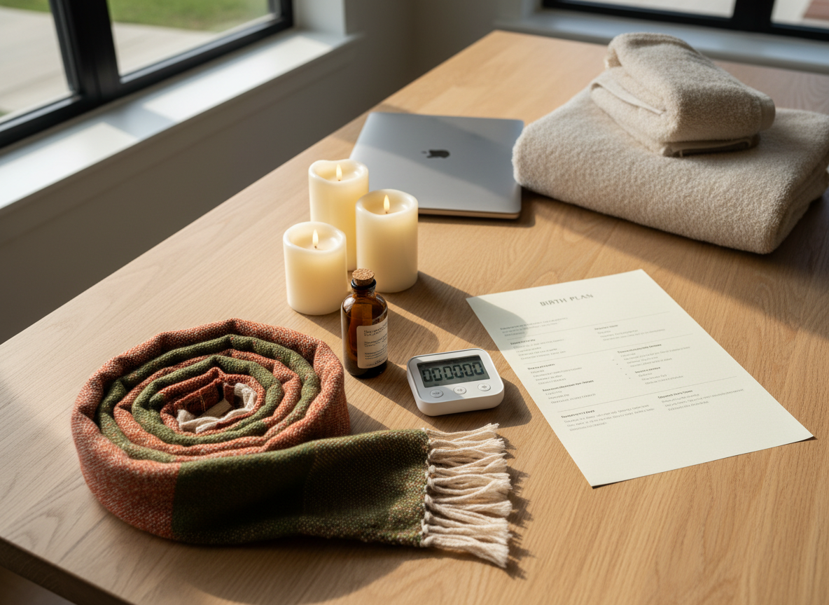 A well-organized birth support kit laid out on a smooth, light oak table: neatly coiled rebozo cloth in earthy tones, a small amber glass bottle of essential oils, a digital timer, soft LED candles, and a printed birth plan with calm, clear typography. Behind, a neatly stacked pile of plush towels and a closed laptop hint at planning and communication. Natural afternoon light streams from the side, creating gentle highlights on the objects and subtle shadows that add depth. Shot from a slightly elevated angle in photographic realism, with balanced composition and clean, modern aesthetics, the mood is reassuring, professional, and quietly empowering, ideal for a doula service website.