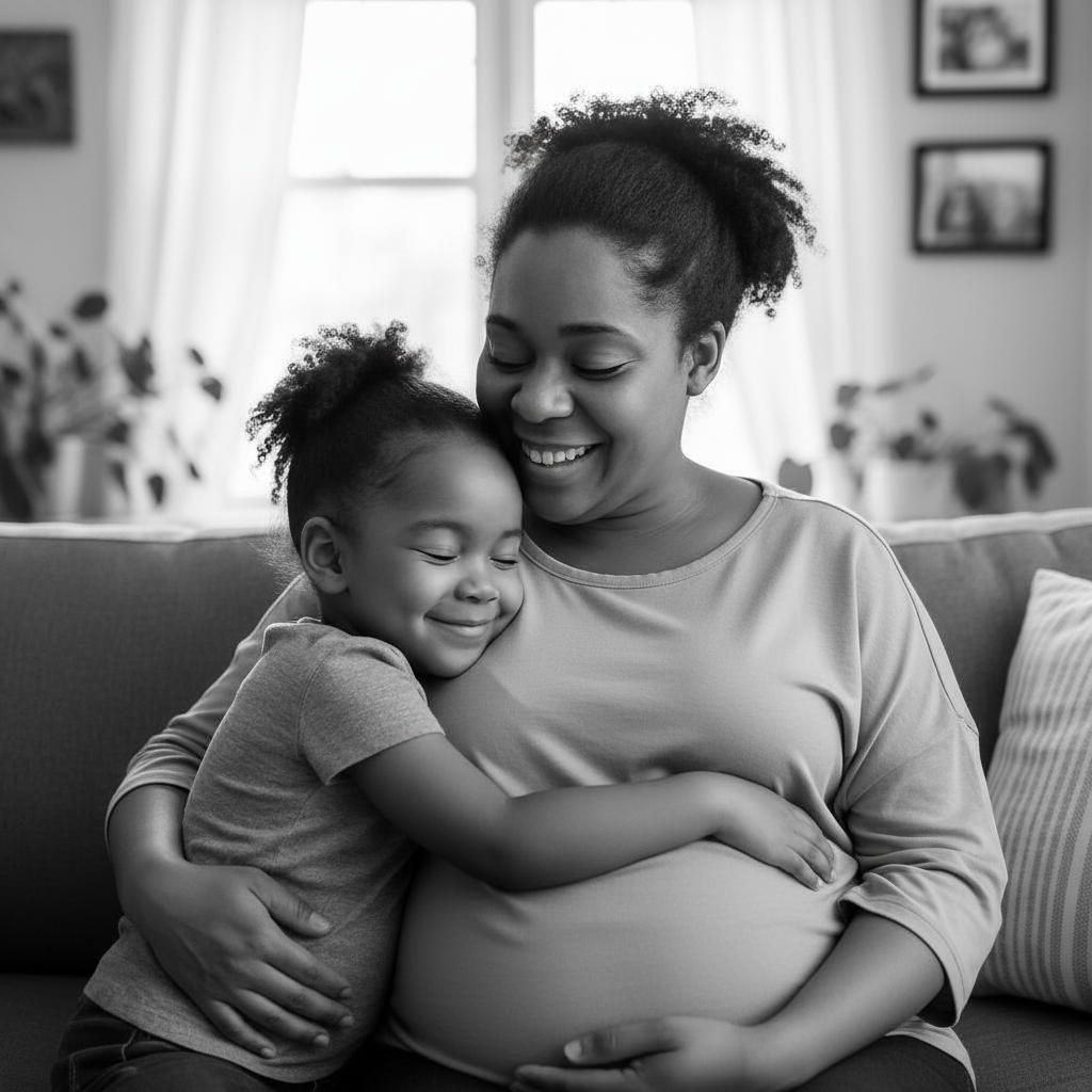 Pregnant mother sitting on hospital bed hugging her daughter