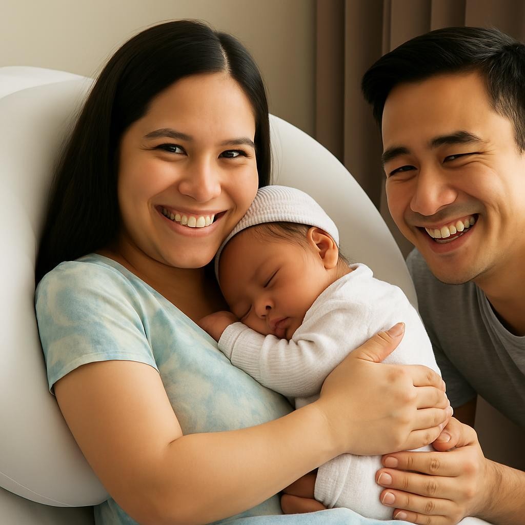 Hospital bed with white bedding and a U-shaped pillow